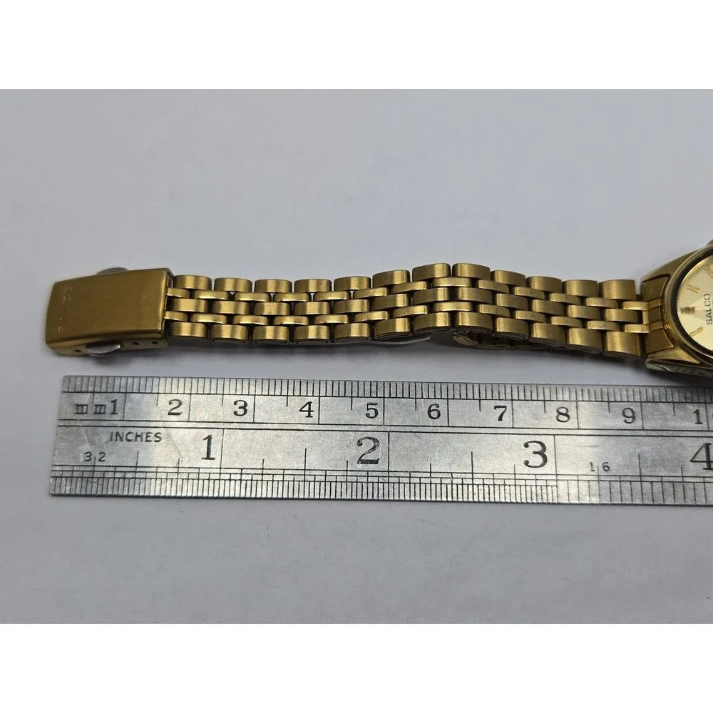 Womens Salco Gold Tone Quartz Bracelet Dress Watch Dainty Petite New Battery